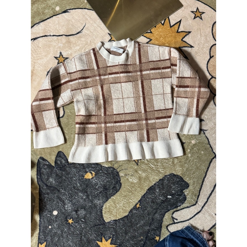 Babaton Plaid Knit Sweater Girl's Size S Crewneck Long Sleeve Ivory Brown